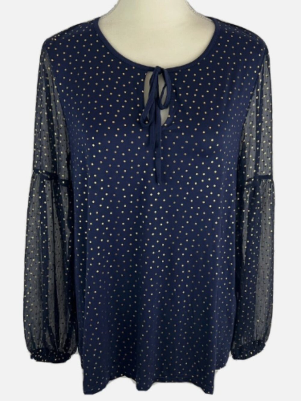 Boden Hazel Foil Blue Gold Polka Dot Sheer Puff Sleeve Keyhole Top